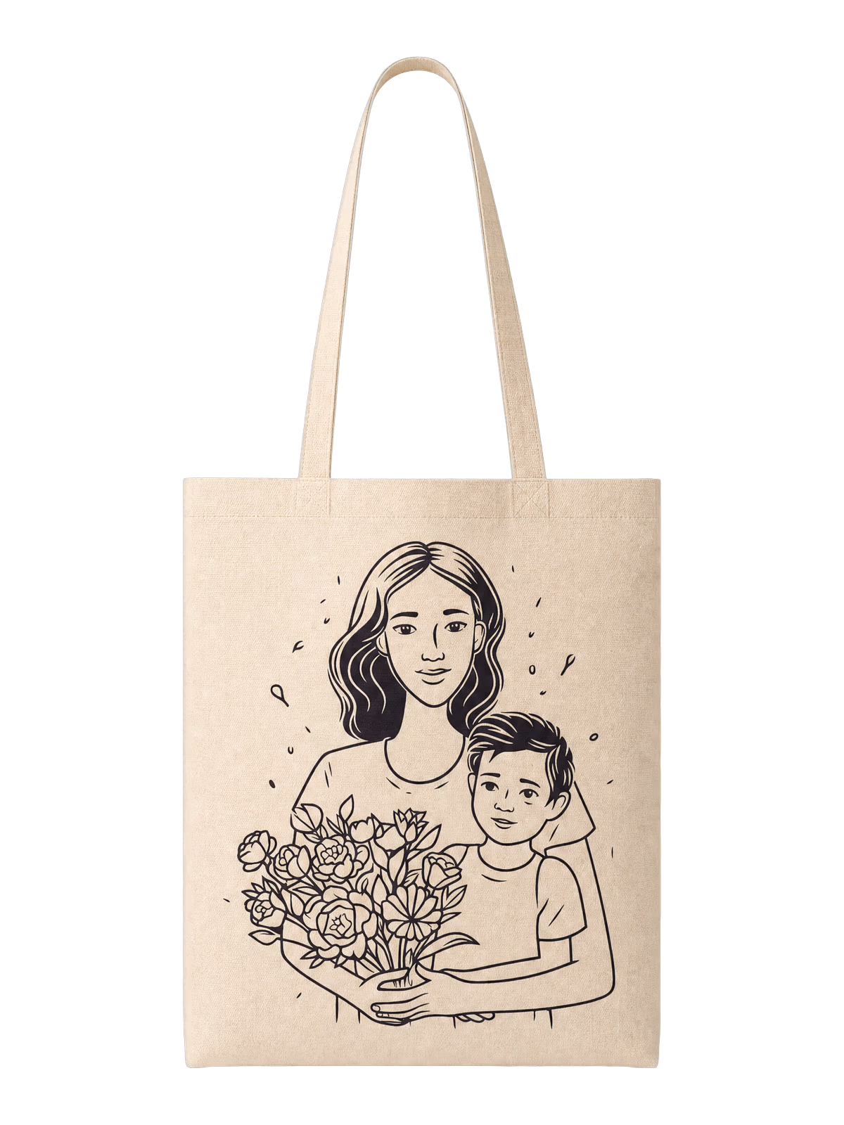 Boyanabilir Bez Çanta - Buketli Anne Bebek - Boyanabilir Bez Çanta
